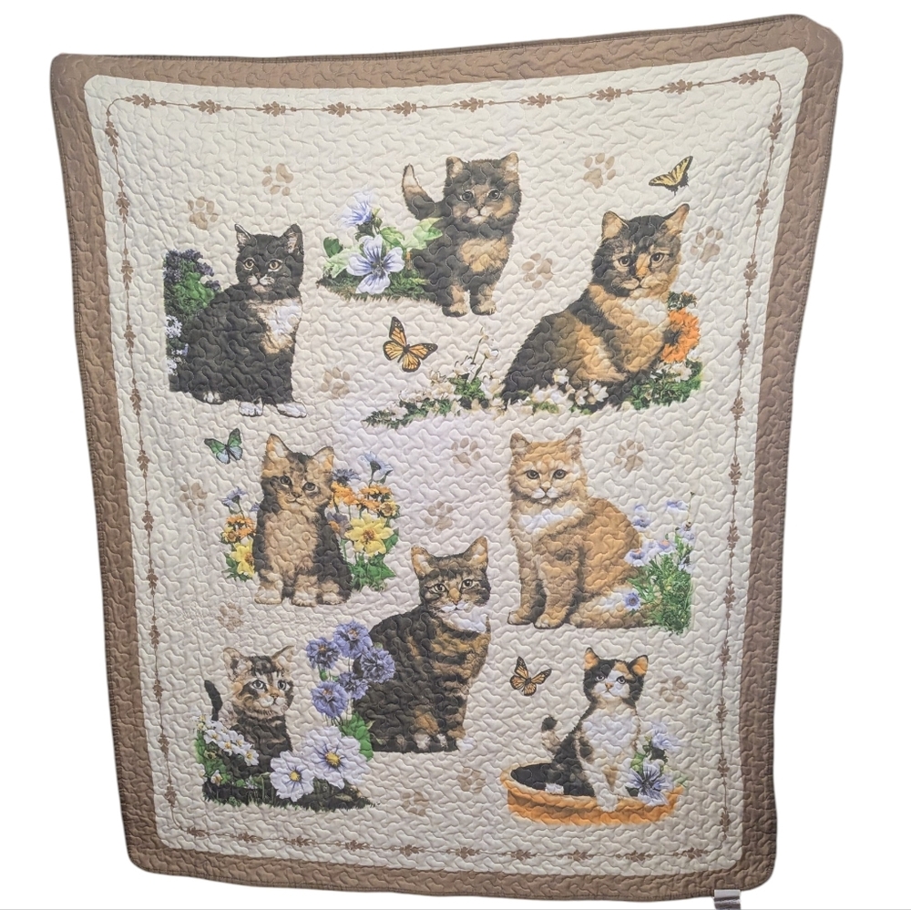 Vintage Quilted Cat Throw Blanket Cottagecore Grandma Core Granny Core